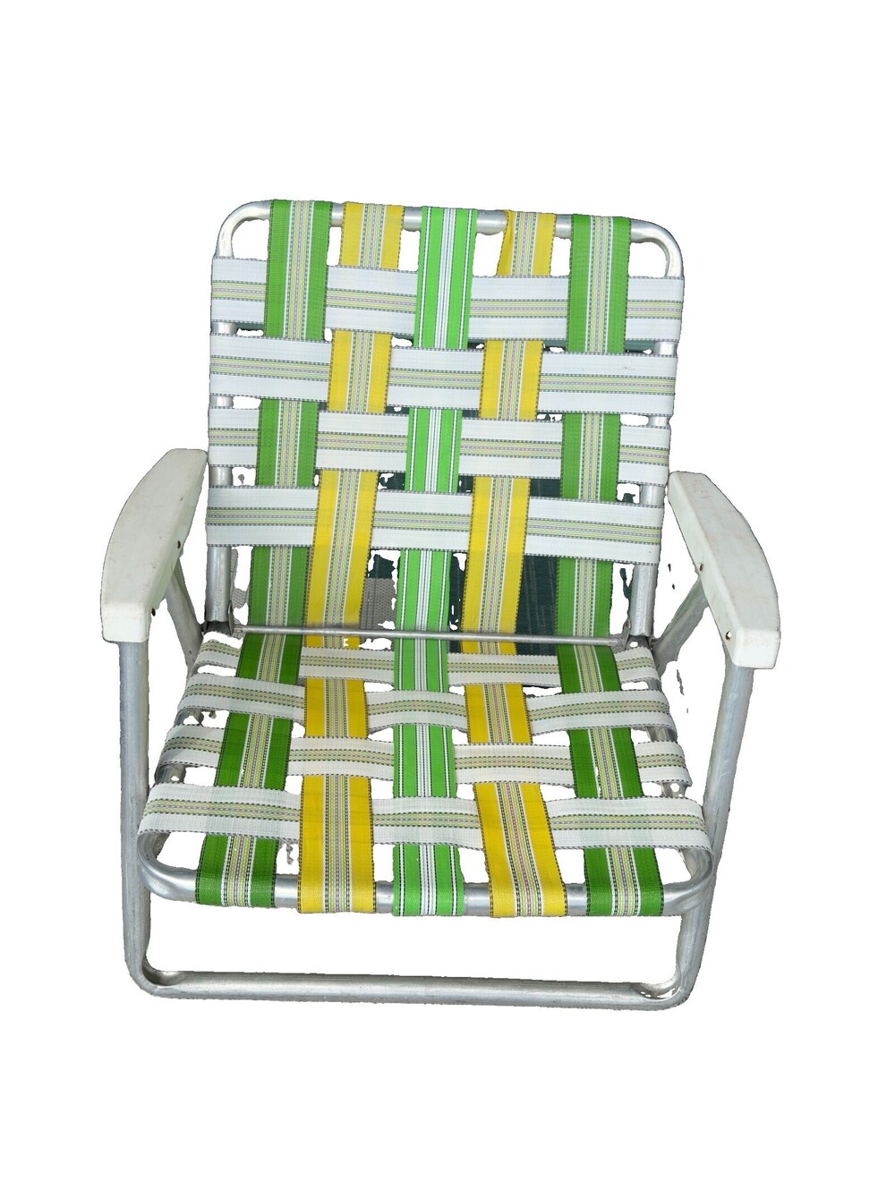 Aluminum Folding Beach Lawn CHAIR Webbed Low Profile Green Yellow Woven VINTAGE